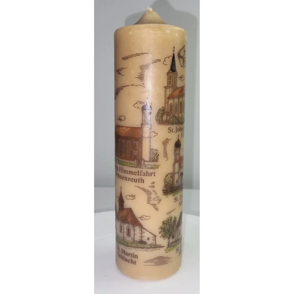 Vintage Pfarrei Glonn German Church Illustrated Pillar Candle Tan 8 Inch